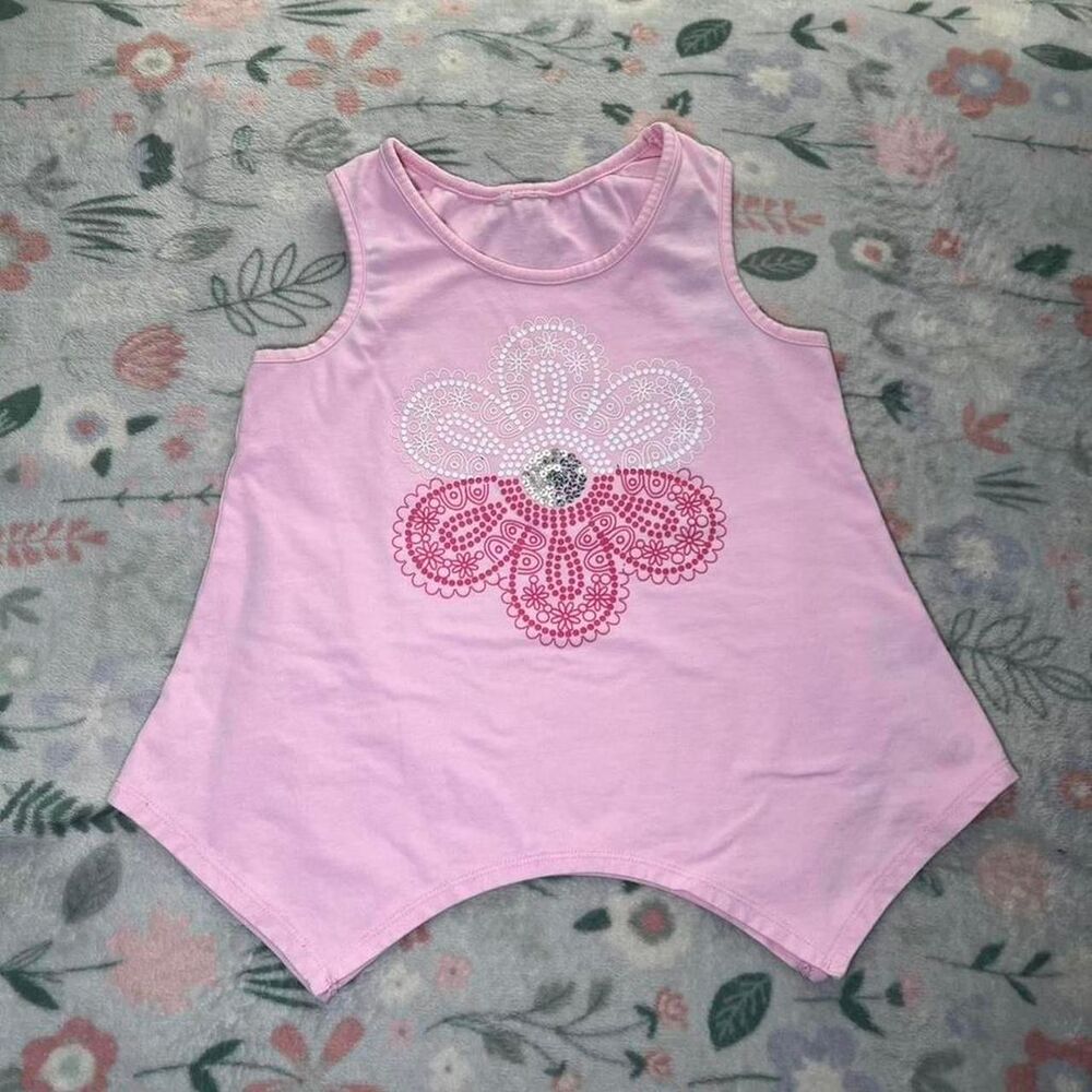 Asymmetrical Sharkbite Hem Tank Top XS Pink Flower Sequins Y2K Coquette Kidcore